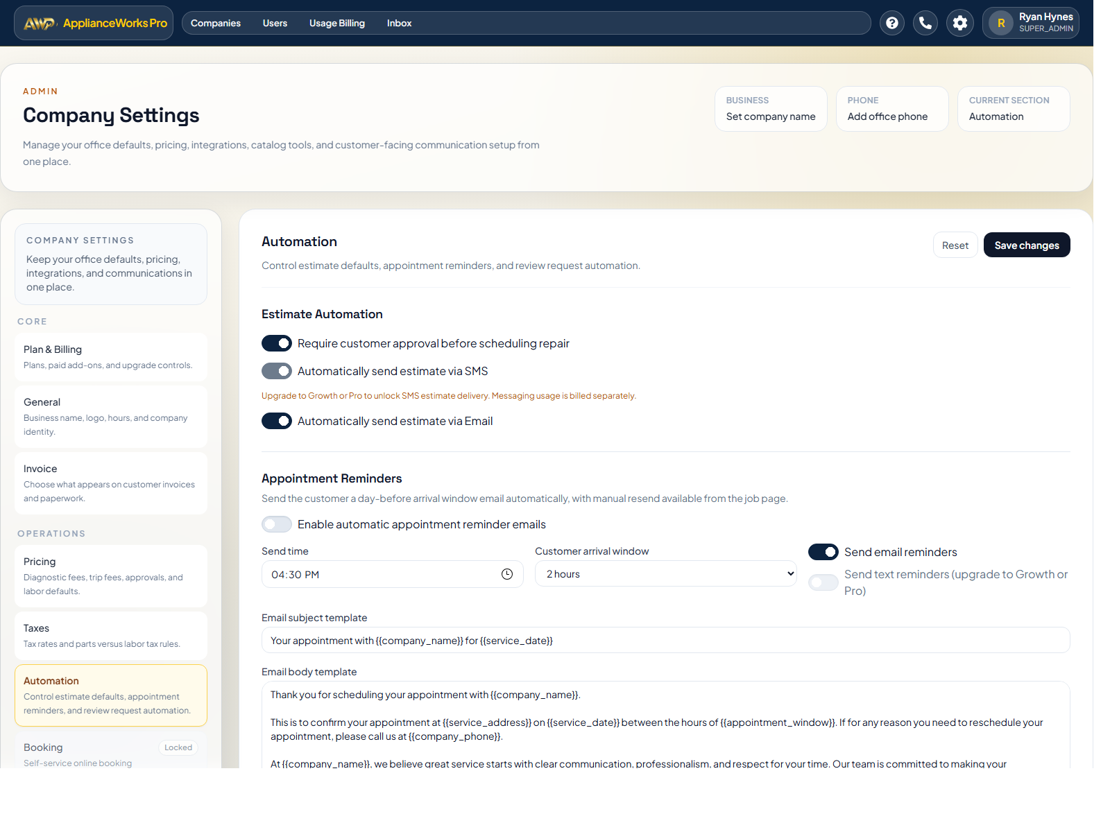 ApplianceWorks Pro automation settings